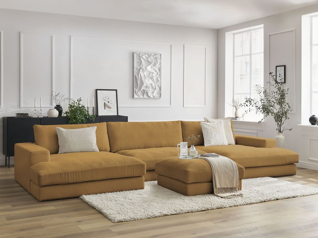 Produit similaire: Canapé panoramique fixe LEONARD velours côtelé avec pouf jaune BOBOCHIC 7 places