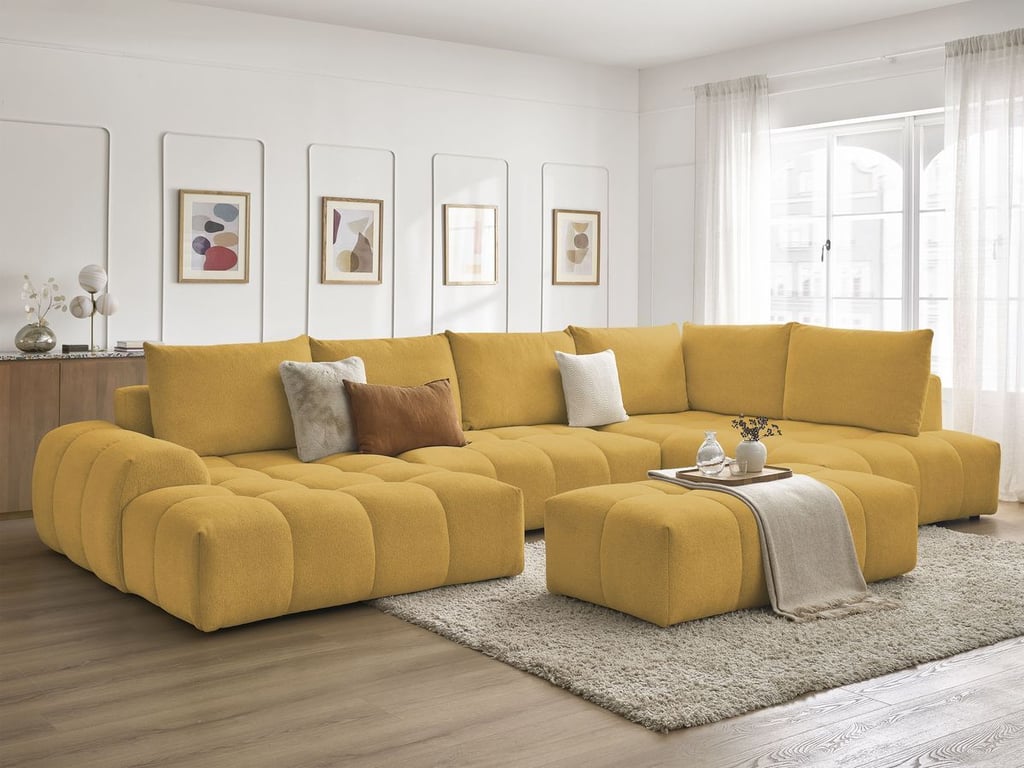 Produit similaire: Canapé panoramique convertible coffre EVEREST tissu chiné avec pouf jaune angle gauche BOBOCHIC 7 places