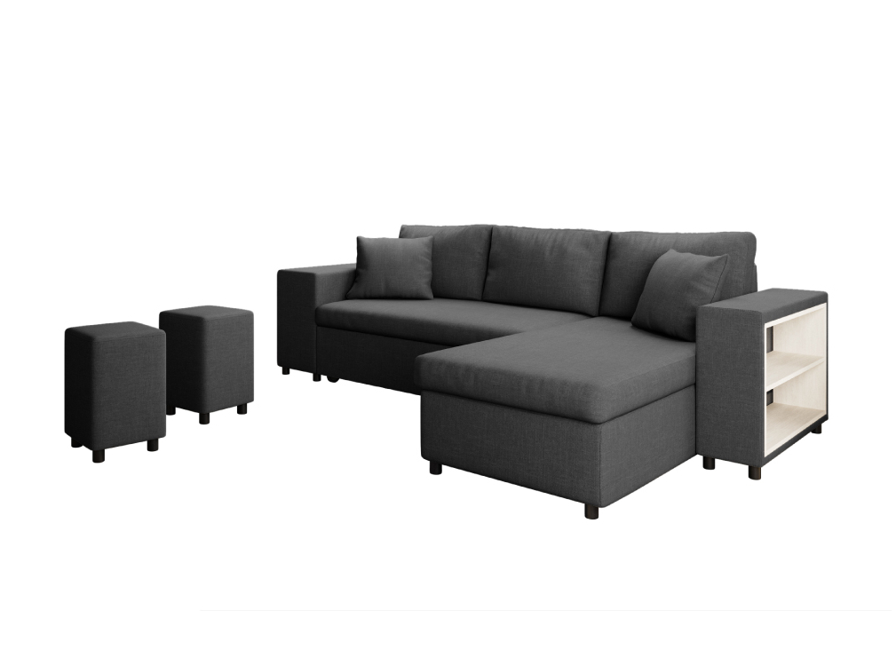 Produit similaire: Canapé d'angle MADY convertible avec coffre, accoudoir étagère et poufs en tissu