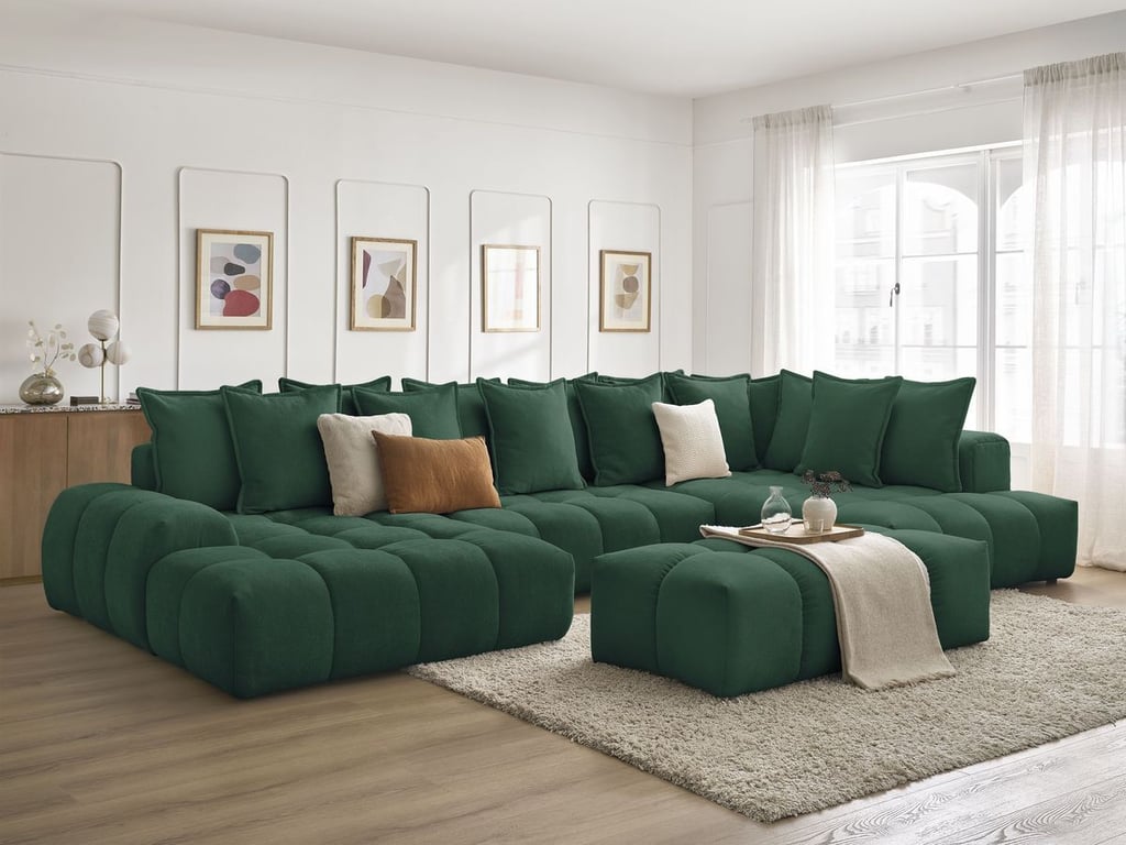 Produit similaire: Canapé panoramique convertible coffre EVEREST tissu texturé avec pouf vert angle gauche BOBOCHIC 7 places