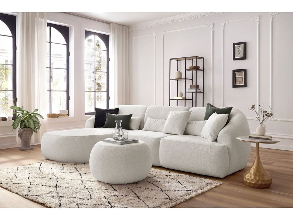 Produit similaire: Canapé d'angle fixe ALESIA tissu bouclette avec pouf blanc angle gauche BOBOCHIC 4 places