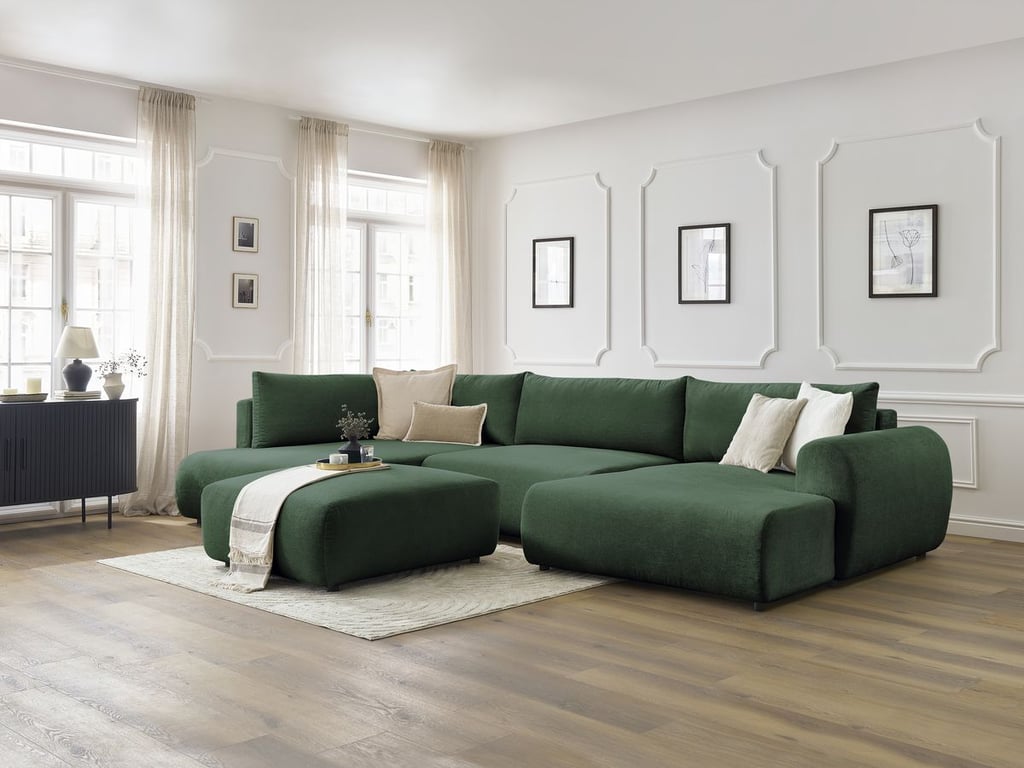 Produit similaire: Canapé panoramique convertible coffre LUCIEN tissu lisse avec pouf vert angle droit BOBOCHIC 6 places