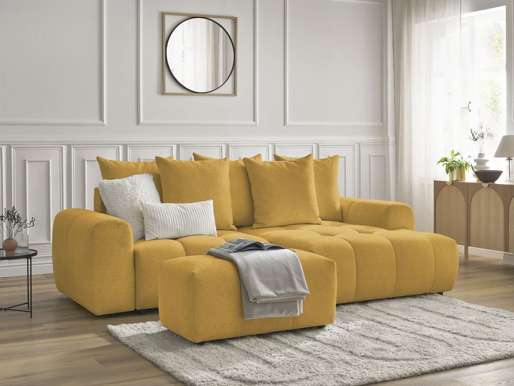 Produit similaire: Canapé d'angle convertible coffre ROXELANE tissu chiné avec pouf jaune angle droit BOBOCHIC 3 places