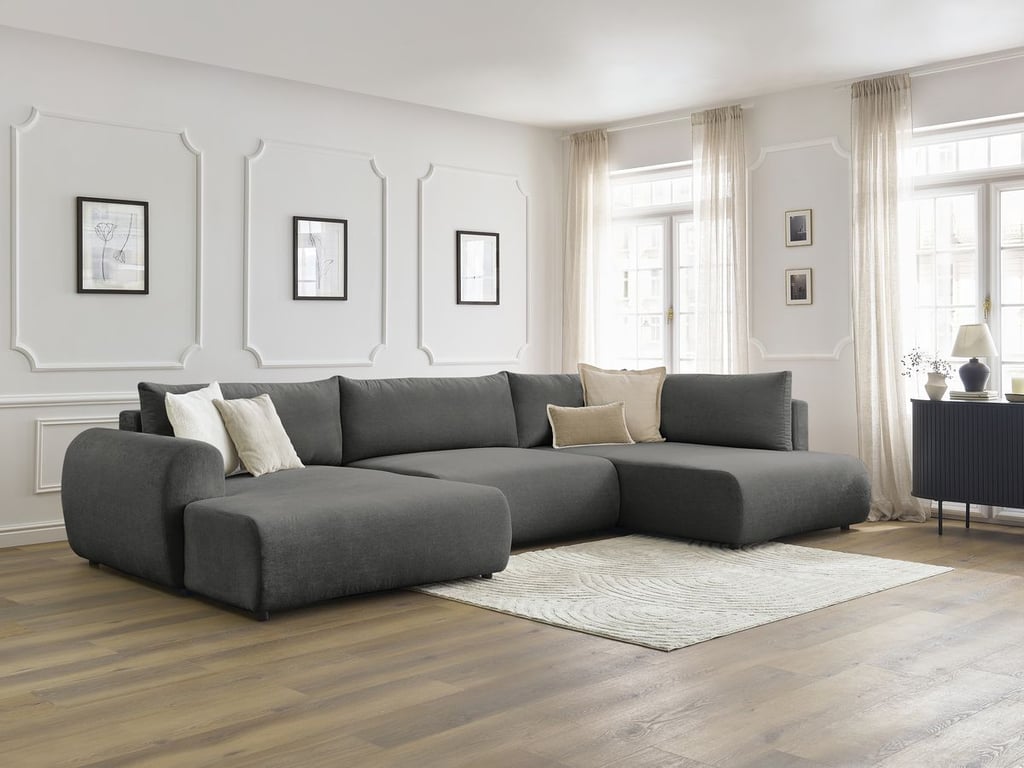 Produit similaire: Canapé panoramique convertible coffre LUCIEN tissu lisse gris foncé angle gauche BOBOCHIC 5 places