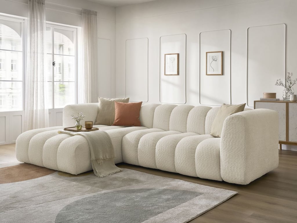 Produit similaire: Canapé d'angle fixe TALIA tissu bouclette beige angle gauche BOBOCHIC 4 places