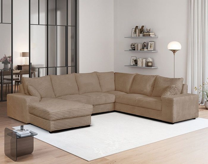 Produit similaire: Lorie - Canapé panoramique d'angle droit 7 places convertible en velours côtelé grosse côte avec coffre - Taupe
