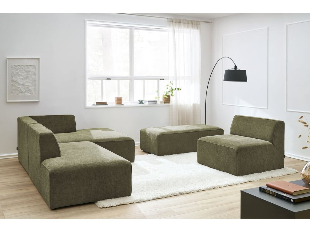 Produit similaire: Canapé d'angle fixe modulable MEGEVE tissu texturé avec 1 chauffeuse et 1 pouf vert angle droit BOBOCHIC 6 places