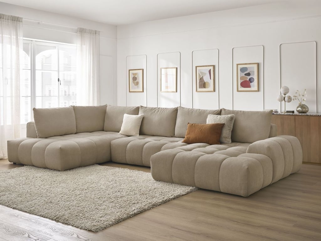 Produit similaire: Canapé panoramique convertible coffre EVEREST tissu texturé taupe angle droit BOBOCHIC 6 places