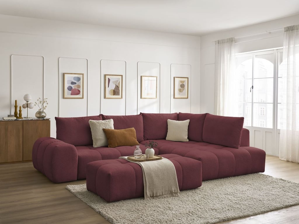 Produit similaire: Canapé d'angle L convertible coffre EVEREST tissu chiné avec pouf rouge angle droit BOBOCHIC 4 places