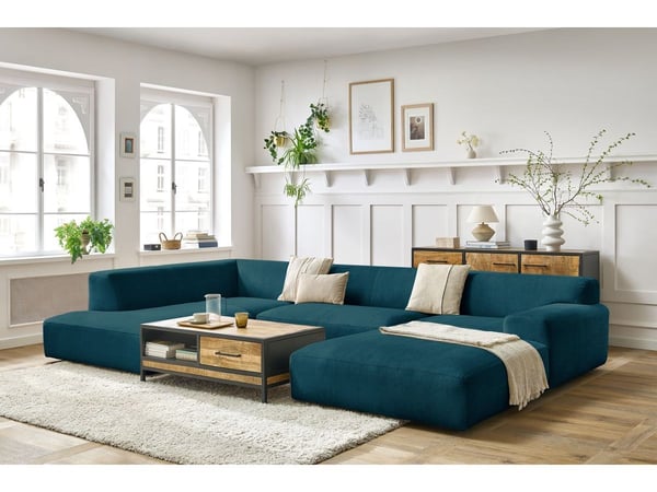 Lavena canapé panoramique fixe compact 6 places velours bleu foncé angle droit