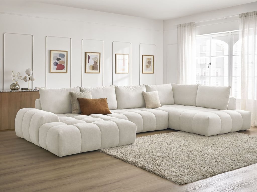 Produit similaire: Canapé panoramique convertible coffre EVEREST tissu texturé blanc angle gauche BOBOCHIC 6 places