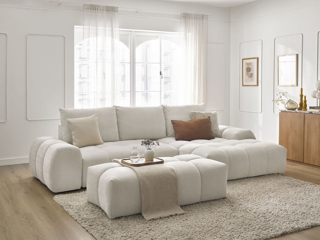 Produit similaire: Canapé d'angle convertible coffre EVEREST tissu texturé avec pouf blanc angle droit BOBOCHIC 4 places