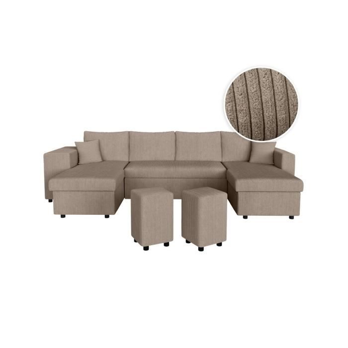 Produit similaire: Canapé panoramique OSLO convertible avec 2 coffres, 2 poufs à gauche en velours côtelé taupe - L311 x P146 x H81cm - LOUNGITUDE