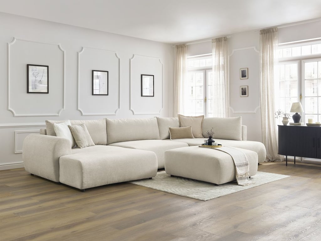 Produit similaire: Canapé panoramique convertible coffre LUCIEN tissu lisse avec pouf beige angle gauche BOBOCHIC 6 places