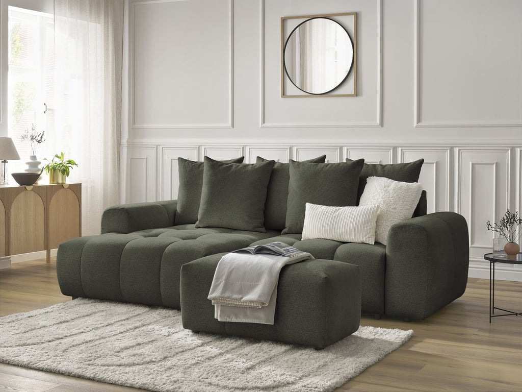 Produit similaire: Canapé d'angle convertible coffre ROXELANE tissu chiné avec pouf vert angle gauche BOBOCHIC 3 places