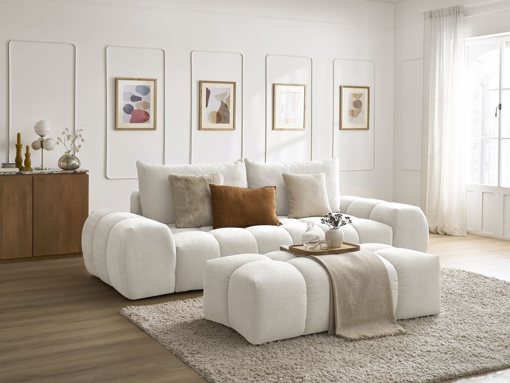 Produit similaire: Canapé droit fixe 3 places EVEREST tissu texturé avec pouf blanc BOBOCHIC