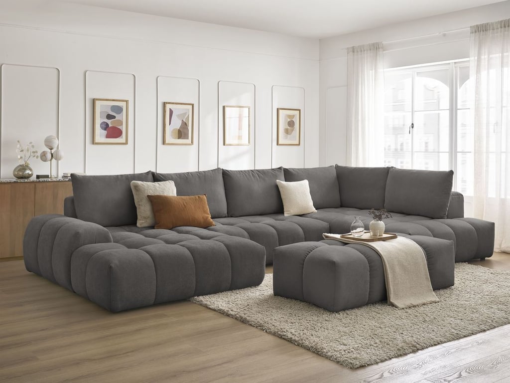 Produit similaire: Canapé panoramique convertible coffre EVEREST tissu texturé avec pouf gris foncé angle gauche BOBOCHIC 7 places