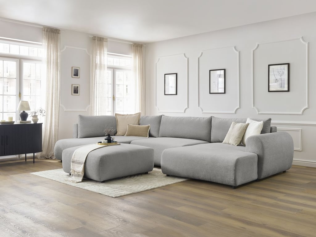 Produit similaire: Canapé panoramique convertible coffre LUCIEN tissu lisse avec pouf gris clair angle droit BOBOCHIC 6 places
