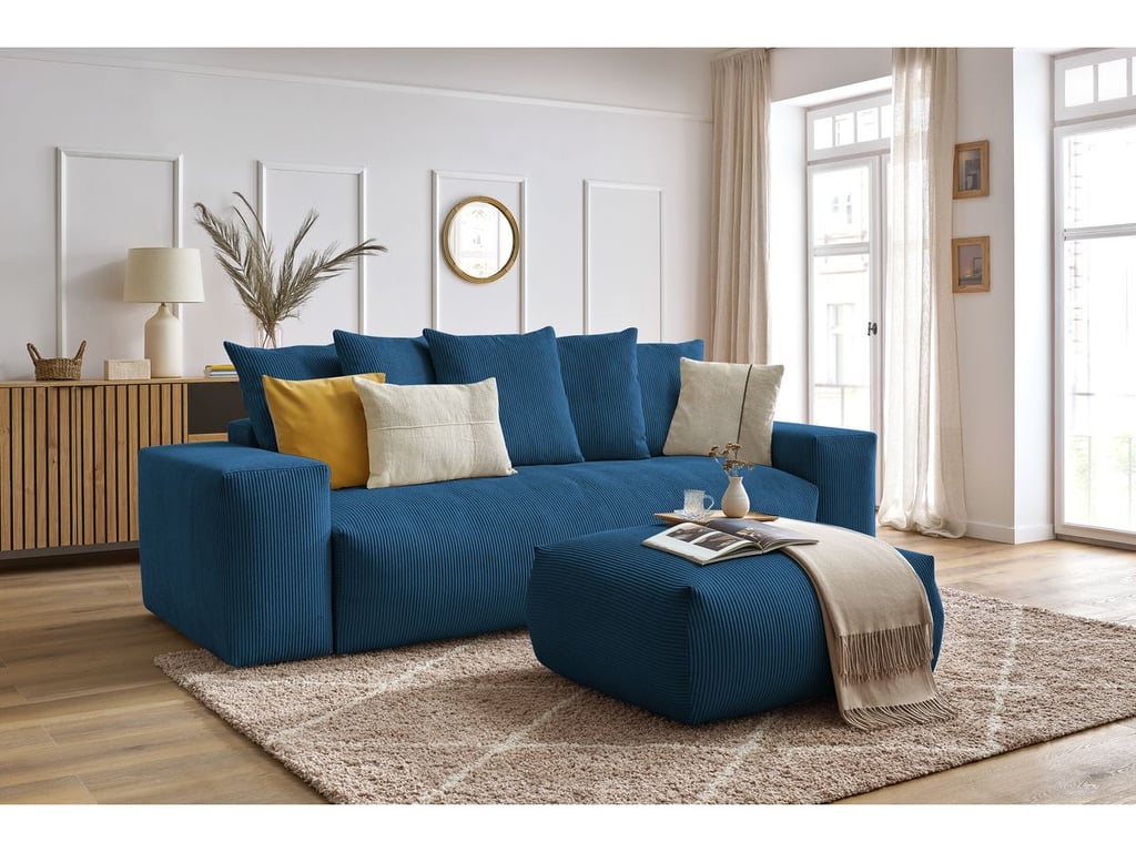 Produit similaire: Voltaire canapé droit convertible coffre 4 places velours côtelé bleu foncé