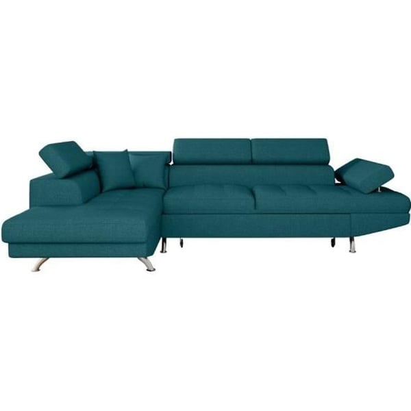 Canapé d'angle convertible RIO en tissu - LOUNGITUDE - Angle gauche - Bleu canard - Coffre de rangement