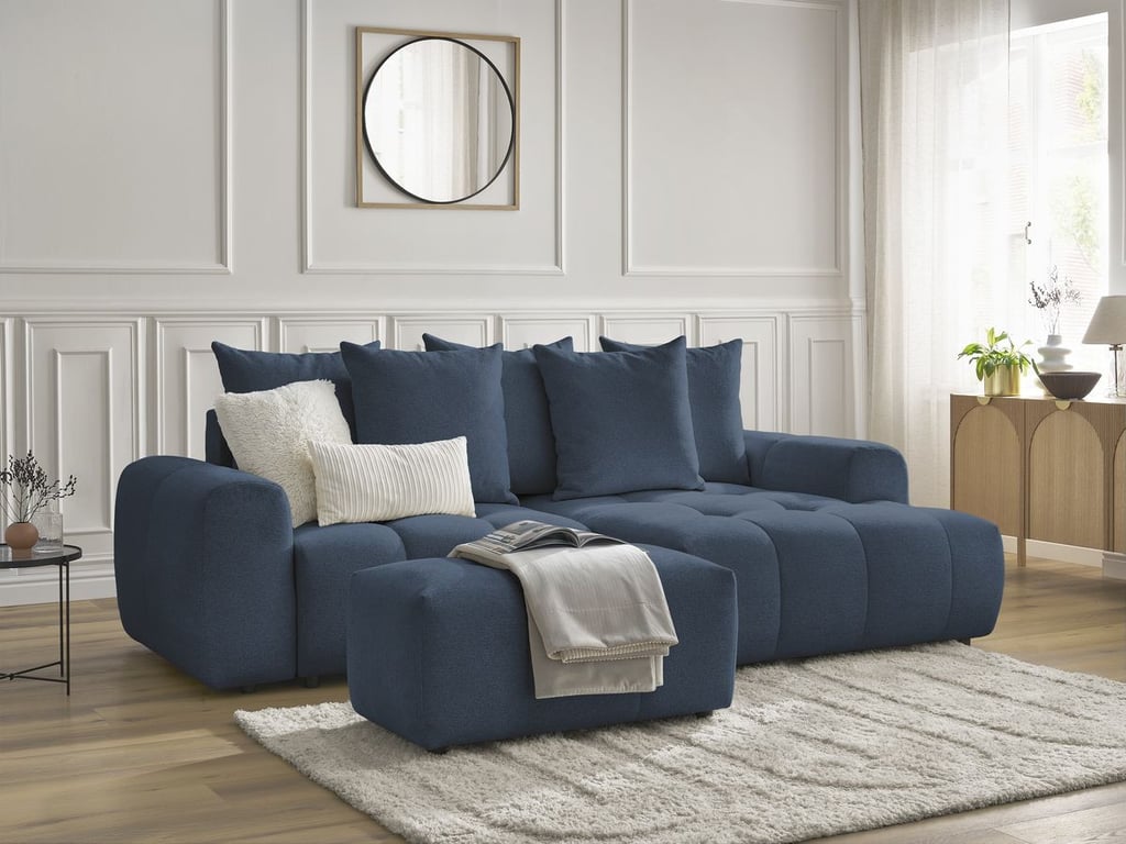 Produit similaire: Canapé d'angle convertible coffre ROXELANE tissu chiné avec pouf bleu foncé angle droit BOBOCHIC 3 places
