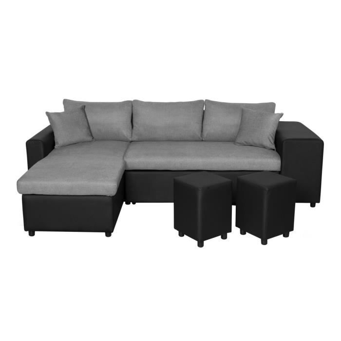 Produit similaire: Canapé d'angle 3 places réversible OSLO avec coffre et poufs droit en tissu et simili - Noir/Gris - L241 x P146 x H81cm - LOUNGITUDE