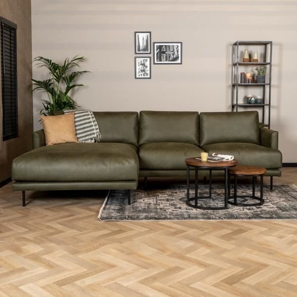 Canapé d'angle Livin24 Denver vert olive en éco-cuir - Style industriel - 4 places - Confort moelleux