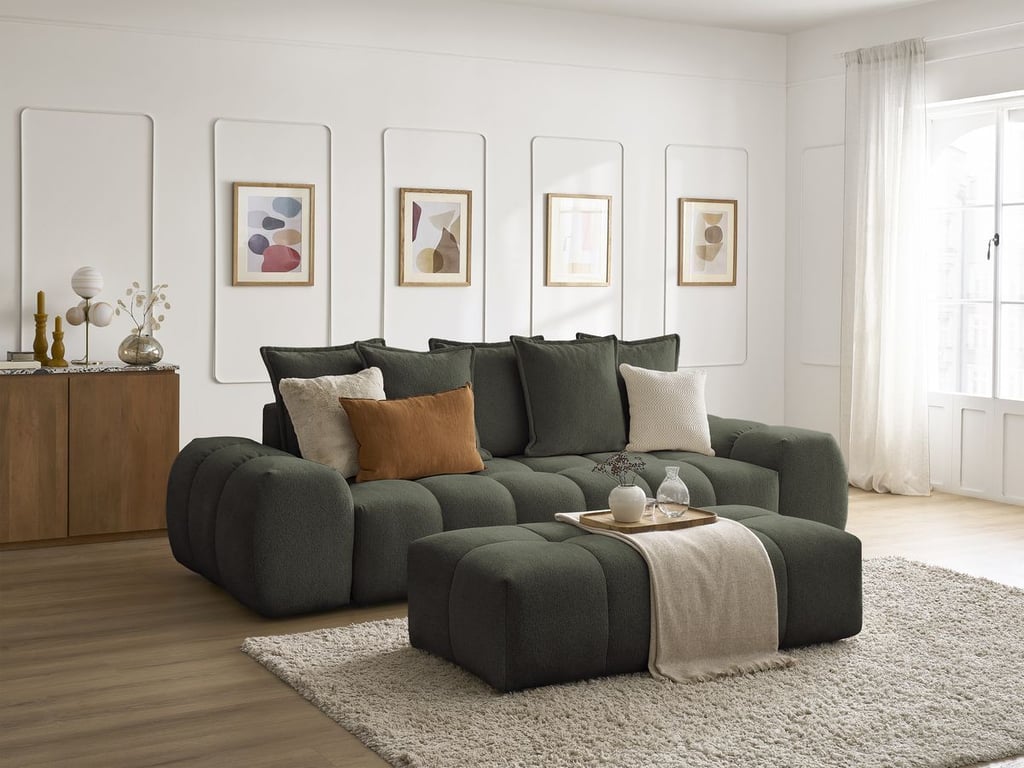 Produit similaire: Canapé droit fixe 3 places EVEREST tissu chiné avec pouf vert BOBOCHIC