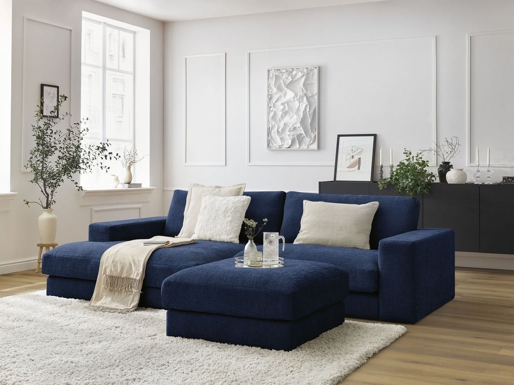 Produit similaire: Canapé d'angle fixe compact LEONARD tissu texturé avec pouf bleu foncé angle gauche BOBOCHIC 4 places