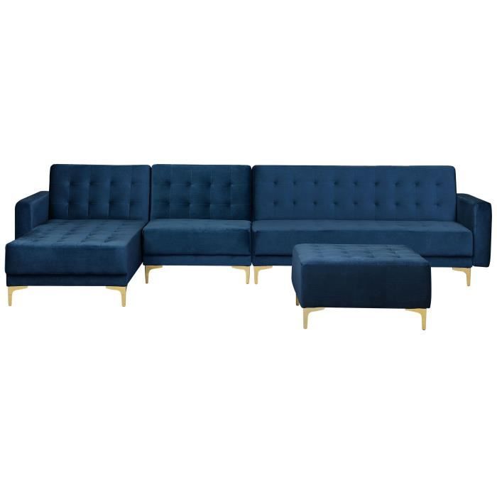 Produit similaire: Canapé angle droite convertible velours bleu marine 5 places avec pouf ABERDEEN