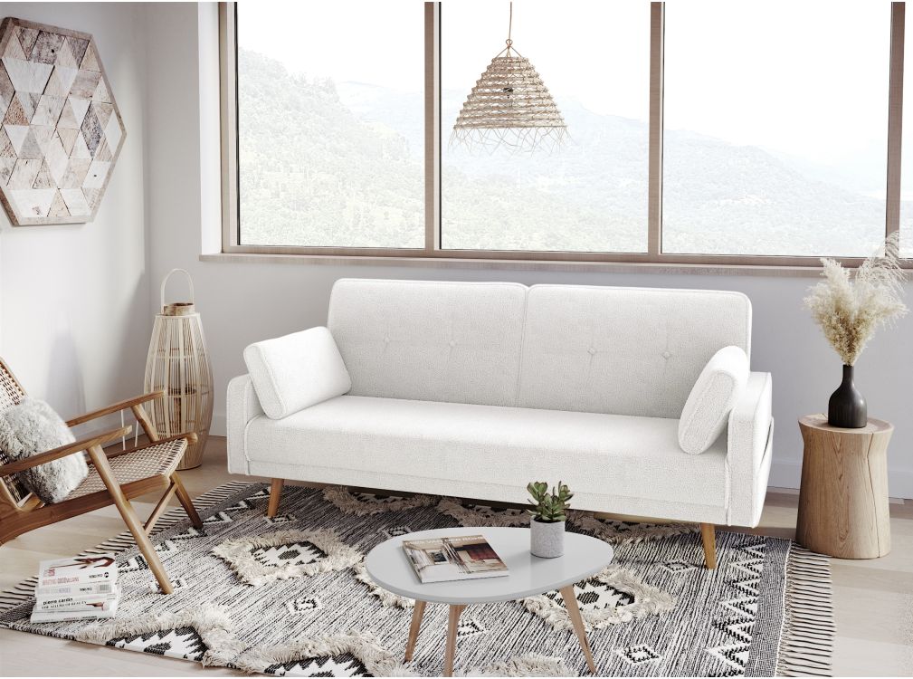 ELGA - Canapé droit 3 places scandinave convertible en tissu bouclette