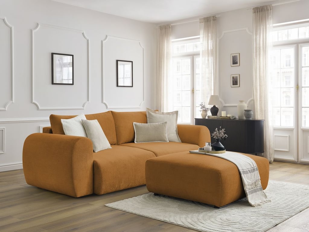 Produit similaire: Canapé droit convertible coffre LUCIEN tissu lisse avec pouf jaune BOBOCHIC 4 places