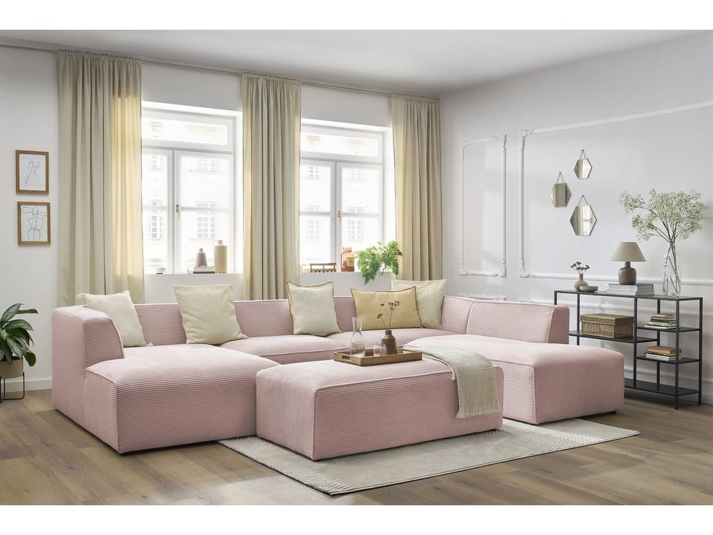Produit similaire: Canapé panoramique fixe MEGEVE avec pouf tissu velours côtelé rose angle gauche BOBOCHIC 6 places