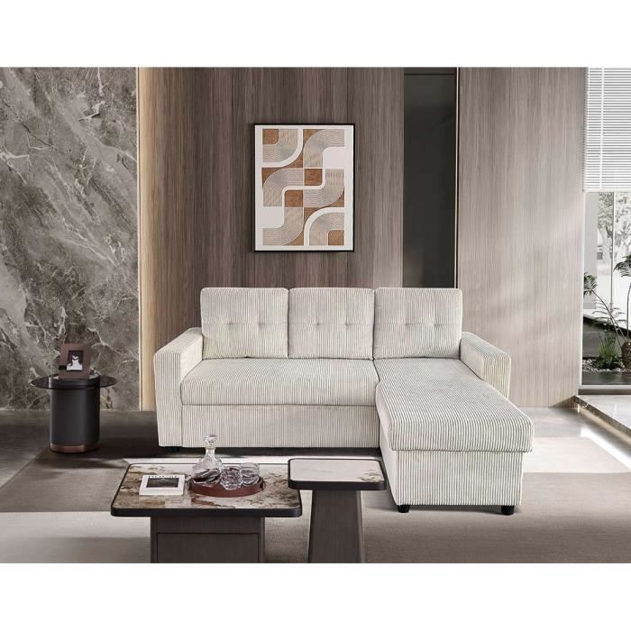 Tulipe - canapé d'angle réversible 4 places convertible avec coffre en velours côtelé - Beige