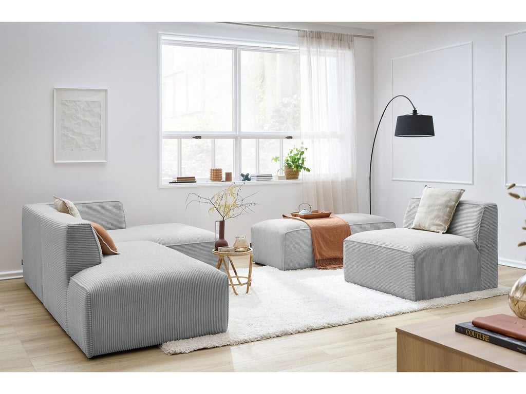 Produit similaire: Canapé d'angle fixe modulable MEGEVE tissu velours côtelé avec 1 chauffeuse et 1 pouf gris clair angle droit BOBOCHIC 6 places
