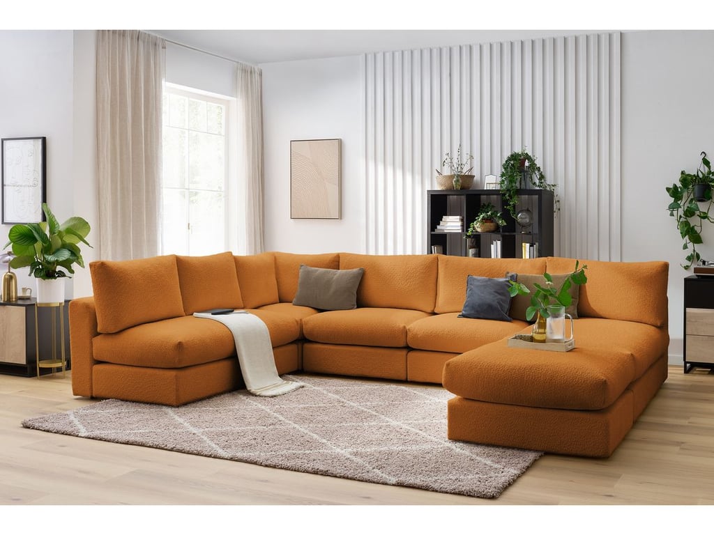 Produit similaire: Canapé d'angle fixe 100% modulable PARIS tissu bouclette 3 chauffeuses, 1 méridienne, 1 angle, 1 pouf jaune BOBOCHIC 6 places