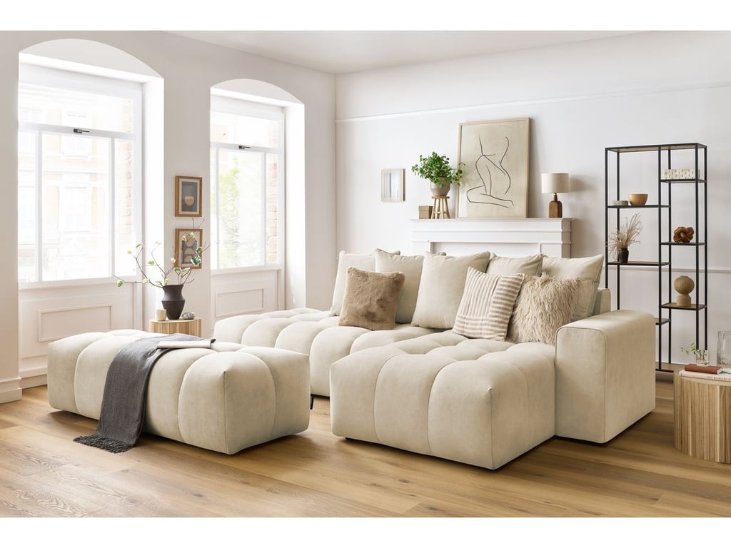 Produit similaire: Canapé d'angle fixe MONT-BLANC velours avec pouf beige angle droit BOBOCHIC 4 places