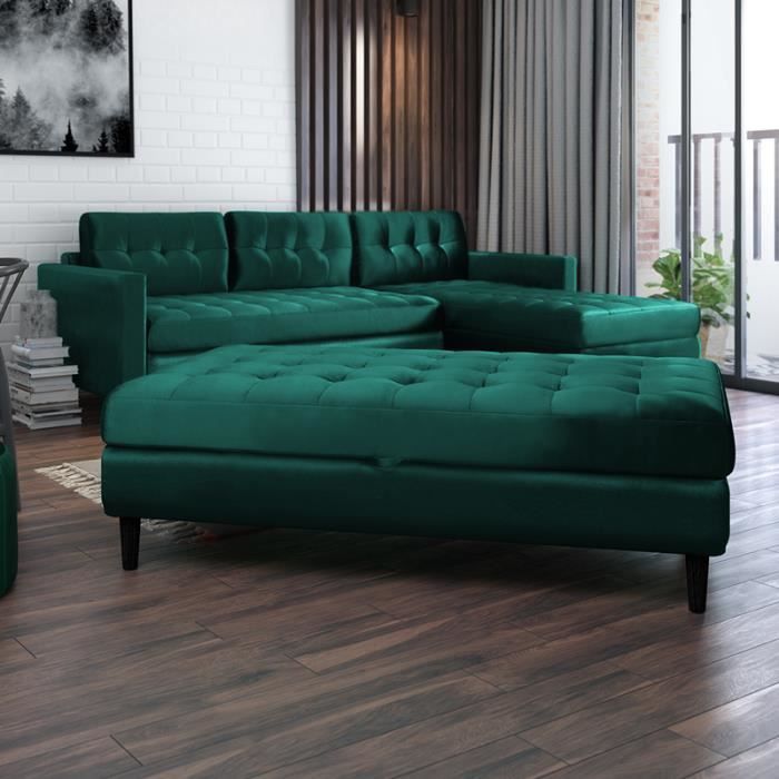 Produit similaire: Canapé d’angle avec pouf- KOPENHAGA -tissu Monolith 37 vert bouteille- pieds noirs en bois- coffre de rangement intégré dans le