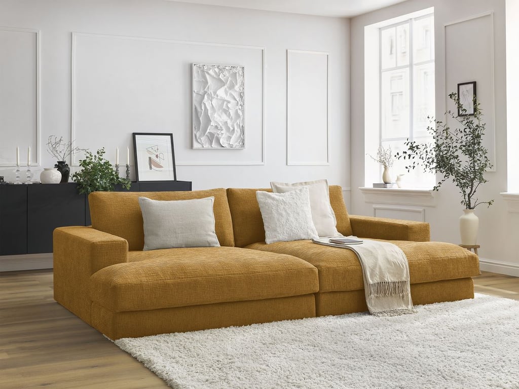 Produit similaire: Canapé droit fixe 4 places compact LEONARD assise profonde tissu texturé jaune BOBOCHIC