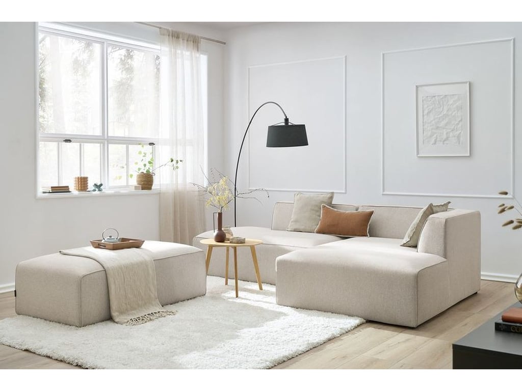 Produit similaire: Canapé d'angle fixe modulable MEGEVE tissu chiné avec pouf beige angle droit BOBOCHIC 5 places