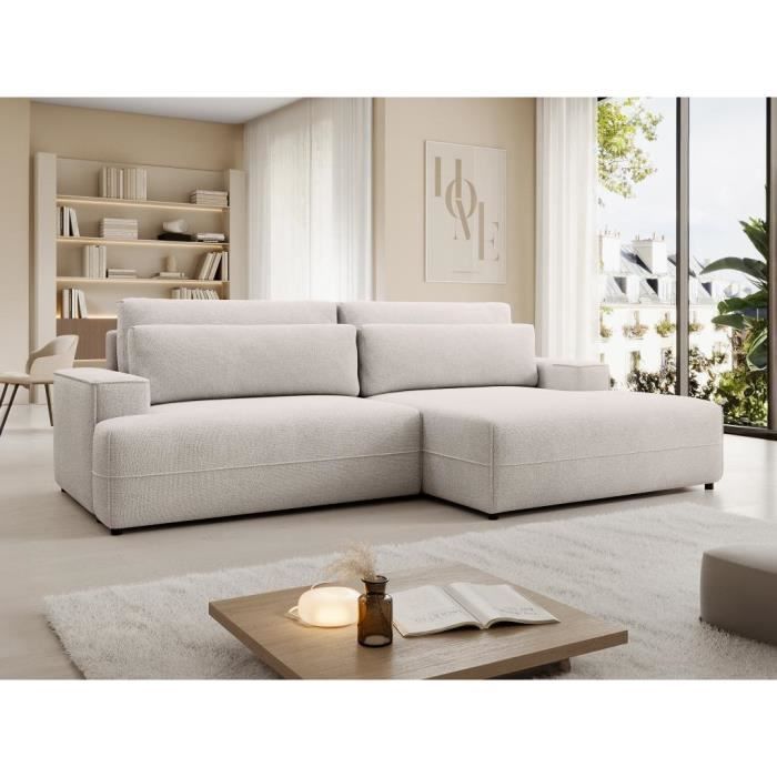 Produit similaire: Canapé d'angle droit convertible en tissu texturé beige BREGLIO