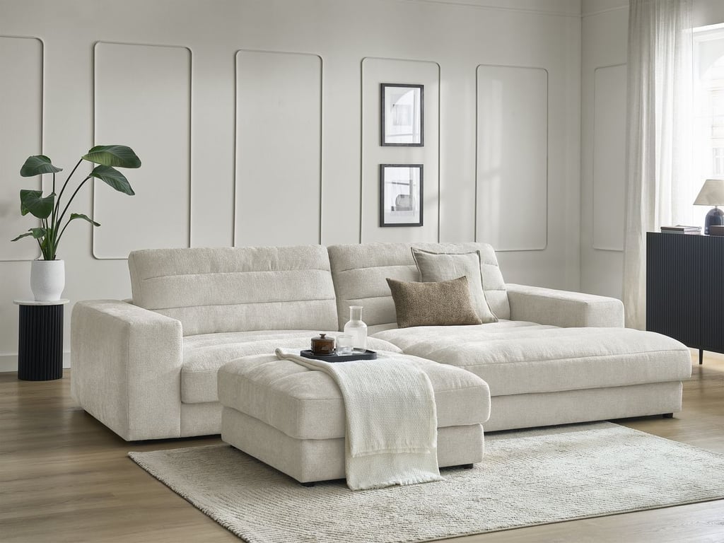 Produit similaire: Canapé d'angle fixe SIERRA tissu texturé avec pouf beige angle droit BOBOCHIC 4 places