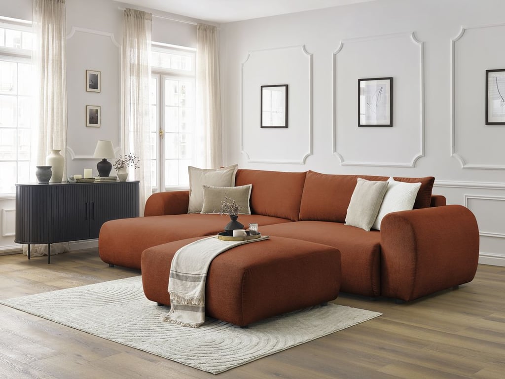 Produit similaire: Canapé d'angle convertible coffre LUCIEN tissu lisse avec pouf orange angle gauche BOBOCHIC 5 places