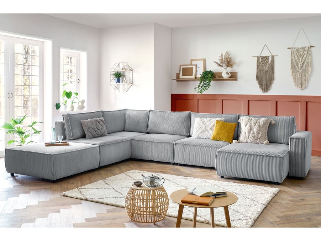 Produit similaire: Canapé d'angle fixe modulable XL NIHAD tissu velours côtelé avec pouf gris clair angle droit BOBOCHIC 7 places