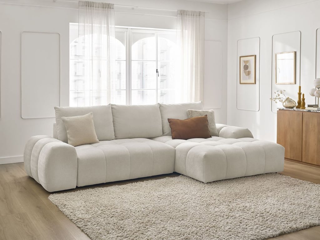 Produit similaire: Canapé d'angle convertible coffre EVEREST tissu texturé blanc angle droit BOBOCHIC 3 places