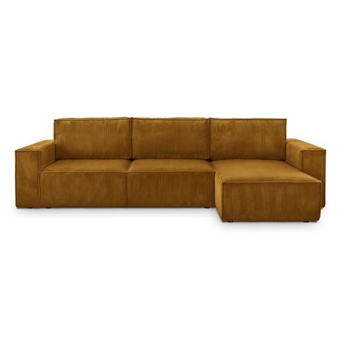 Canapé convertible 5 places - HOMIFAB - Harper - Angle réversible - Coffre de rangement - Velours côtelé jaune - Vue supplémentaire 1