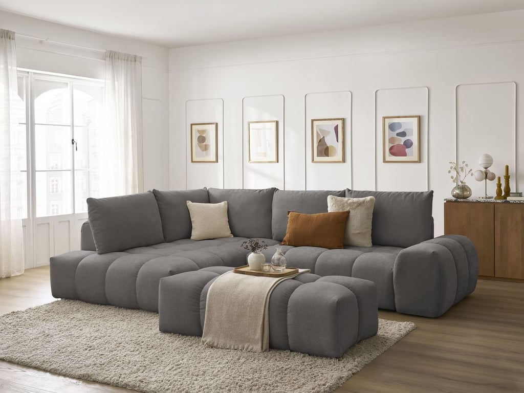 Produit similaire: Canapé d'angle L convertible coffre EVEREST tissu texturé avec pouf gris foncé angle gauche BOBOCHIC 4 places