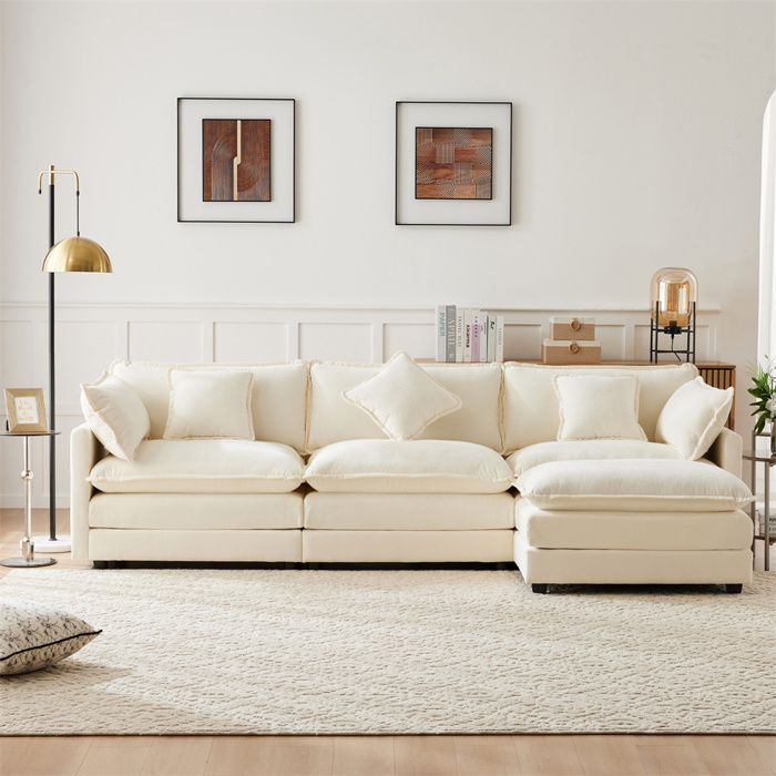Canapé d'angle 3 places design moderne - Chaise Longue Réversible Gauche ou Droite - Tissu Chenille - Beige