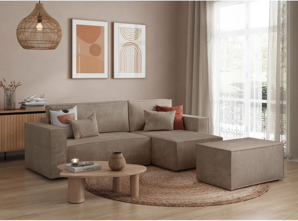 Produit similaire: PACK - CLARISSE - Canapé d'angle convertible réversible avec pouf en velours côtelé