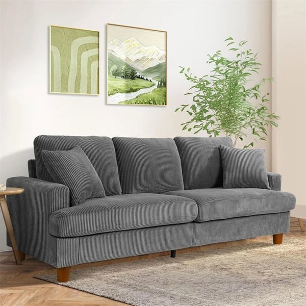 Grand Canapé 3 Places en Velours Côtelé Gris,Canapé Scandinave avec 3 coussins et 2 oreillers pour le salon,220×76×84cm